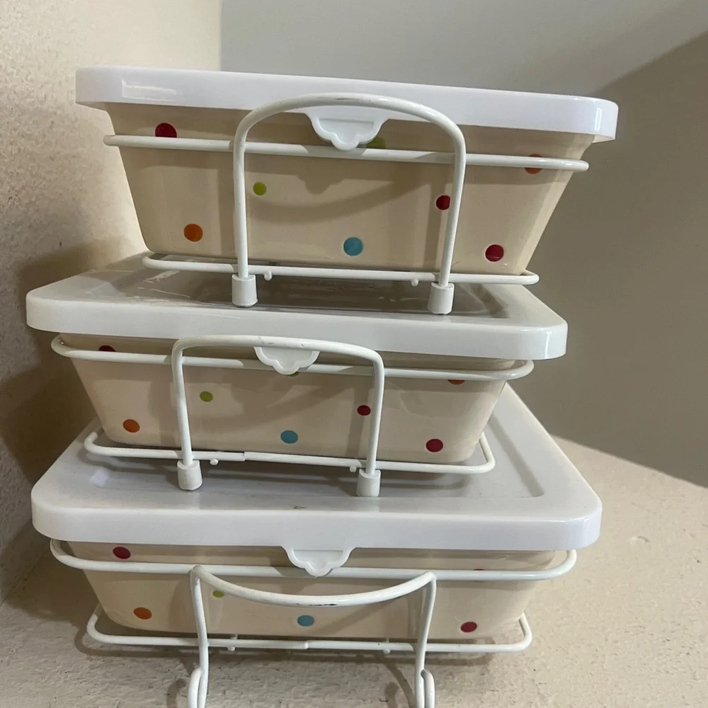 Rare 3 Set Polka Dots Temp-tations Casserole Ovenware Dishes & Rack‎
